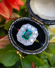 Art Deco Emerald and Diamond Cluster Ring 18ct Yellow Gold 0.80ct + 1.10ct