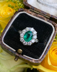 Victorian Emerald and Diamond Cluster Ring Platinum 0.90ct + 1.15ct