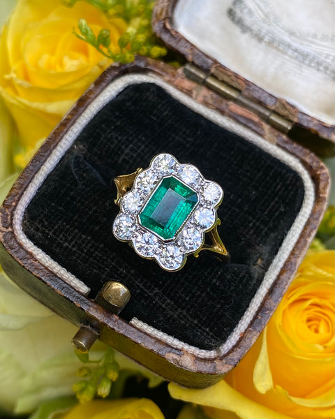 Victorian Emerald and Diamond Cluster Ring 18ct Yellow Gold 0.90ct + 1.10ct