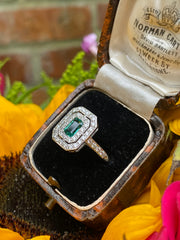 Art Deco Emerald and Diamond Platinum Ring 0.60ct + 0.60ct