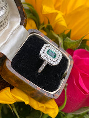 Art Deco Emerald and Diamond Platinum Ring 0.60ct + 0.60ct