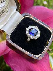 Victorian Sapphire and Diamond Cluster Ring 18ct Yellow Gold 1.0ct + 1.95ct