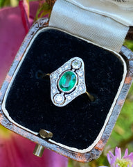 Art Deco Emerald and Diamond Cluster Ring 18ct Yellow Gold 0.30ct + 0.50ct