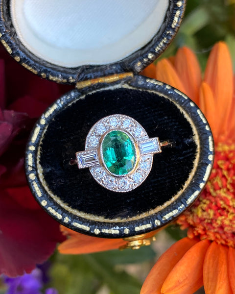 Art Deco Emerald and Diamond Platinum Cluster Ring 0.40ct + 0.80ct
