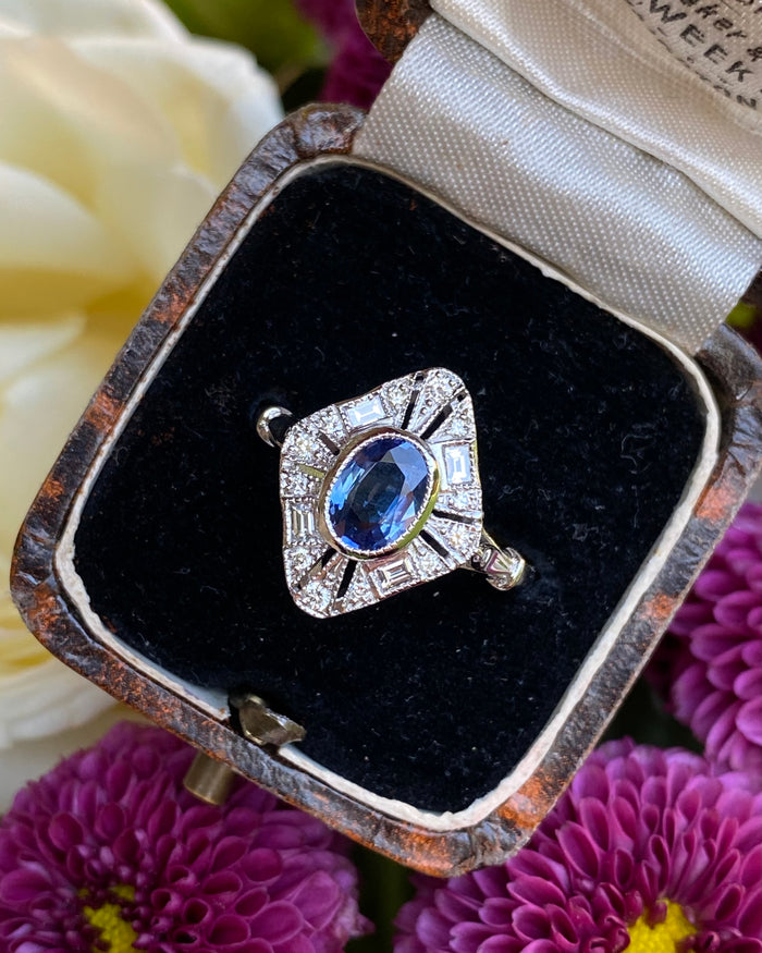Art Deco Sapphire and Diamond Platinum Ring 0.30ct + 1.20ct