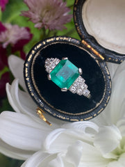 Art Deco Emerald and Diamond Platinum Ring 0.25ct + 2.15ct