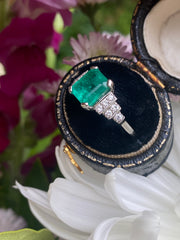 Art Deco Emerald and Diamond Platinum Ring 0.25ct + 2.15ct