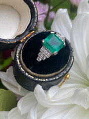 Art Deco Emerald and Diamond Platinum Ring 0.25ct + 2.15ct