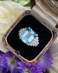 Art Deco Aquamarine and Diamond Platinum Ring 0.30ct + 4.40ct