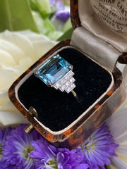 Art Deco Aquamarine and Diamond Platinum Ring 0.30ct + 4.40ct