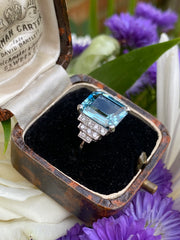 Art Deco Aquamarine and Diamond Platinum Ring 0.30ct + 4.40ct