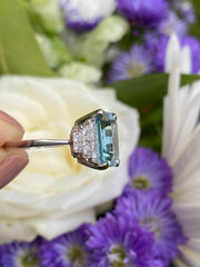 Art Deco Aquamarine and Diamond Platinum Ring 0.30ct + 4.40ct