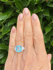 Art Deco Aquamarine and Diamond Platinum Ring 0.30ct + 4.40ct