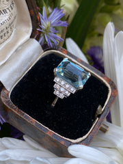 Art Deco Aquamarine and Diamond Ring Platinum 0.30ct + 4.75ct