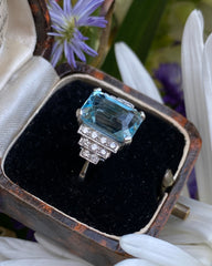 Art Deco Aquamarine and Diamond Ring Platinum 0.30ct + 4.75ct