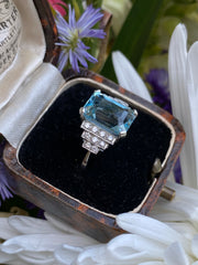 Art Deco Aquamarine and Diamond Ring Platinum 0.30ct + 4.75ct