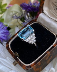 Art Deco Aquamarine and Diamond Ring Platinum 0.30ct + 4.75ct