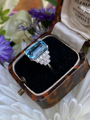 Art Deco Aquamarine and Diamond Ring Platinum 0.30ct + 4.75ct