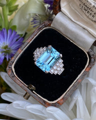 Art Deco Aquamarine and Diamond Ring Platinum 0.30ct + 4.75ct