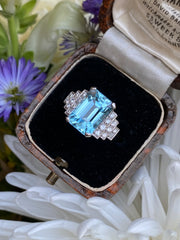 Art Deco Aquamarine and Diamond Ring Platinum 0.30ct + 4.75ct