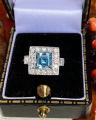 Art Deco Aquamarine & Diamond Platinum Ring 0.40ct + 1.0ct