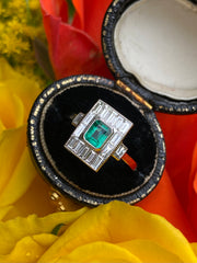 Art Deco Emerald and Diamond Platinum Ring 0.80ct + 0.50ct