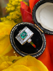 Art Deco Emerald and Diamond Platinum Ring 0.80ct + 0.50ct