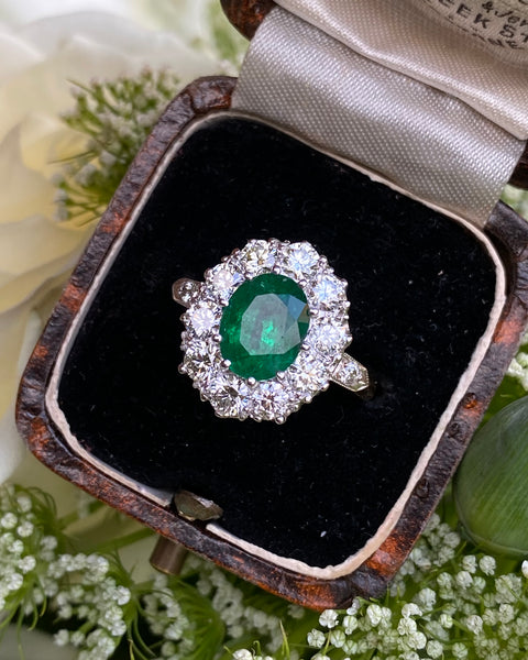 Victorian Emerald and Diamond Cluster Ring 18ct Yellow Gold 1.35ct + 1.80ct