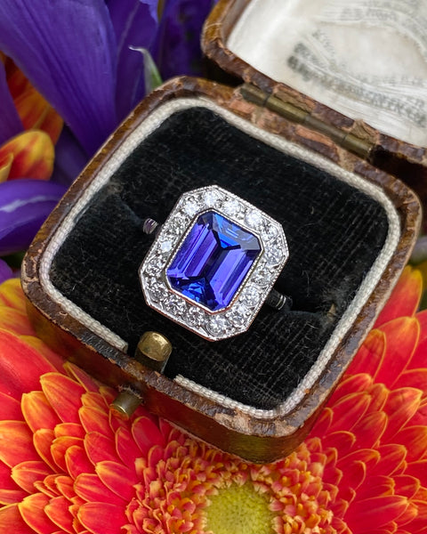 Art Deco Tanzanite and Diamond Platinum Ring 0.50ct + 2.50ct