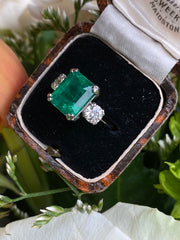 Emerald and Diamond Three Stone Platinum Ring 0.90ct + 5.15ct