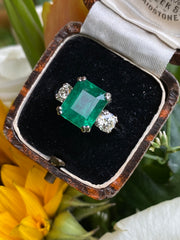 Emerald and Diamond Three Stone Platinum Ring 0.90ct + 5.15ct