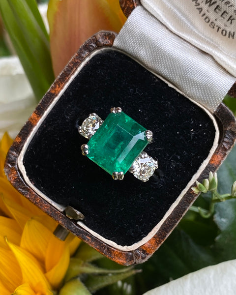 Emerald and Diamond Three Stone Platinum Ring 0.90ct + 5.15ct