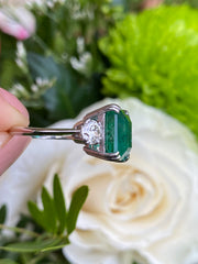 Emerald and Diamond Three Stone Platinum Ring 0.90ct + 5.15ct