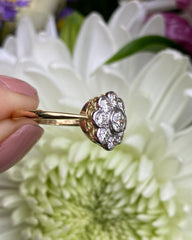 Victorian Style Diamond Daisy Cluster Ring 1.10ct 18ct Yellow Gold