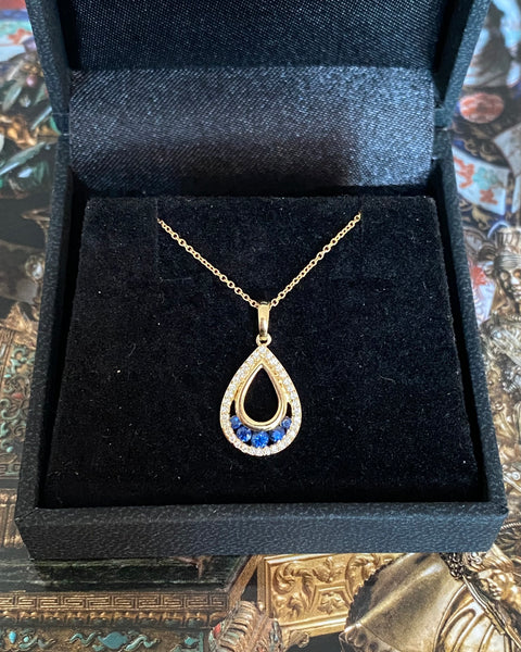 Contemporary Sapphire and Diamond Pear Shaped Pendant 18ct Yellow Gold 0.12ct + 0.23ct