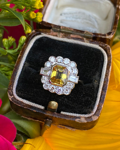 Yellow Sapphire and Diamond Cluster Platinum Ring 0.80ct + 1.60ct