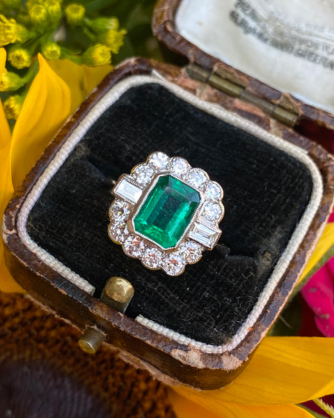 Emerald and Diamond Cluster Ring Platinum 0.80ct + 1.70ct