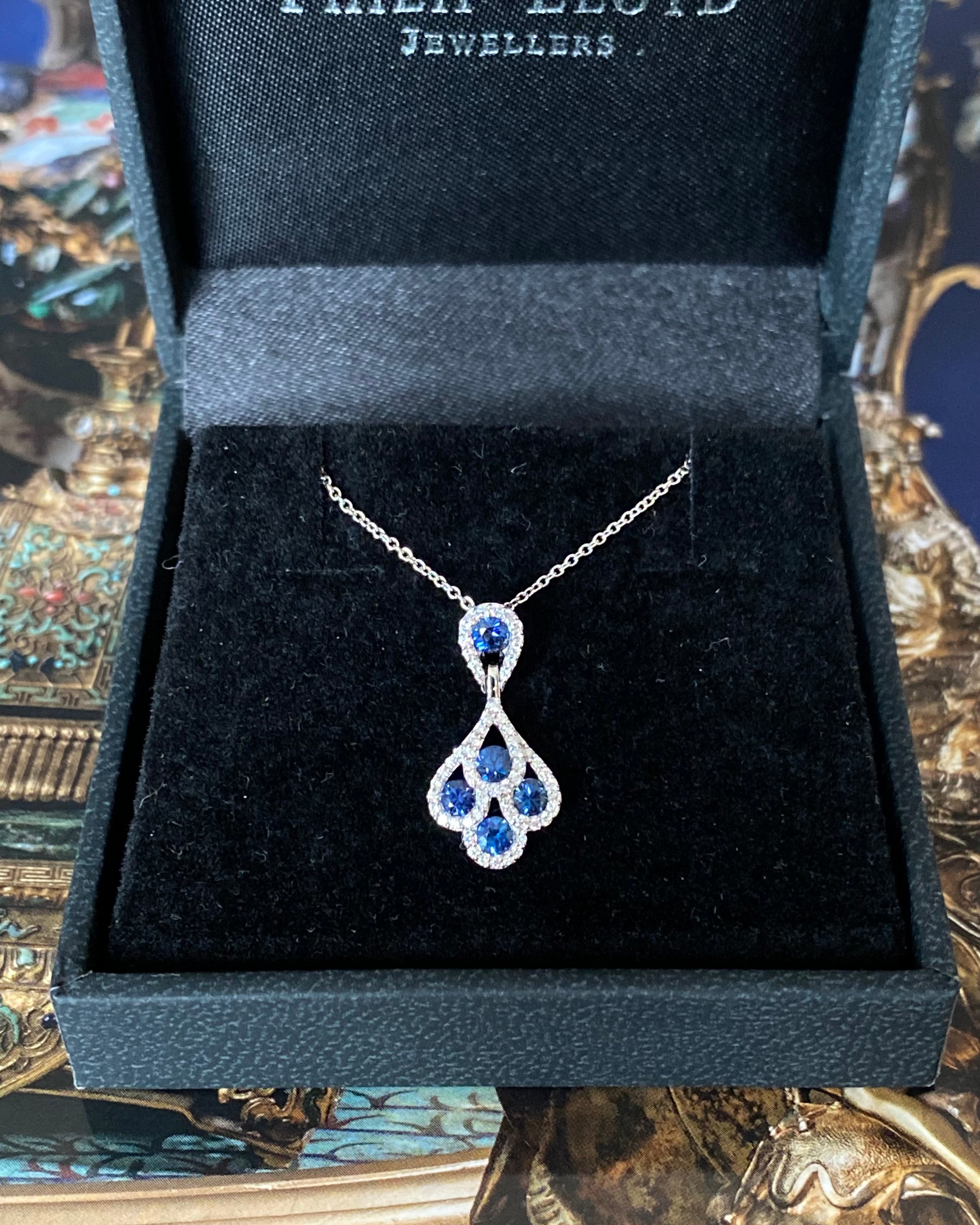 Contemporary Sapphire and Diamond Drop Pendant 18ct White Gold