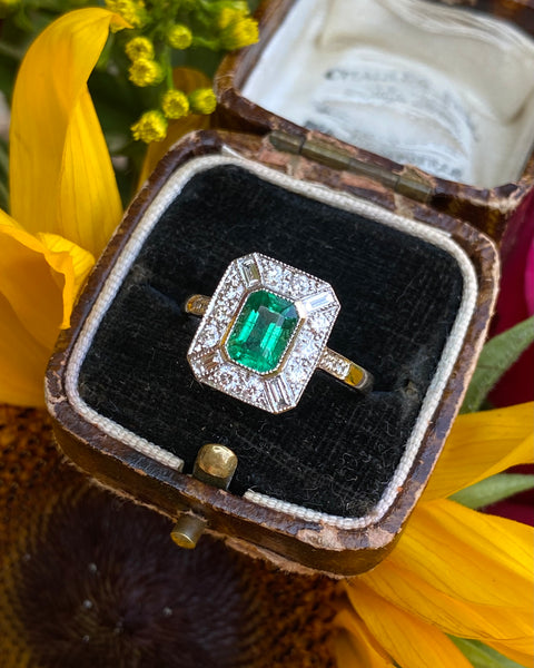 Art Deco Emerald and Diamond Platinum Ring 0.60ct + 0.90ct