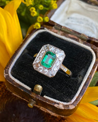 Art Deco Emerald and Diamond Platinum Ring 0.60ct + 0.90ct