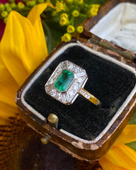 Art Deco Emerald and Diamond Platinum Ring 0.60ct + 0.90ct