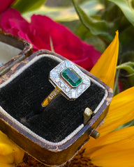 Art Deco Emerald and Diamond Platinum Ring 0.60ct + 0.90ct