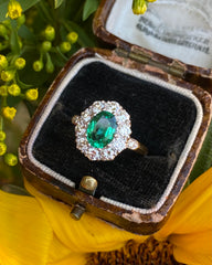 Victorian Emerald and Diamond Cluster Ring 18ct Yellow Gold 1.0ct + 1.50ct