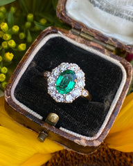 Victorian Emerald and Diamond Cluster Ring 18ct Yellow Gold 1.0ct + 1.50ct