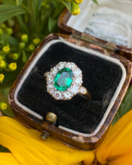 Victorian Emerald and Diamond Cluster Ring 18ct Yellow Gold 1.0ct + 1.50ct