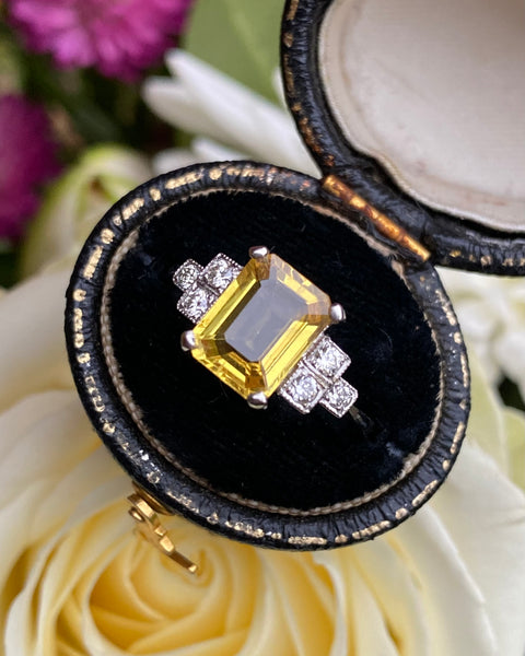 Art Deco Yellow Sapphire and Diamond Platinum Ring 0.20ct + 2.40ct