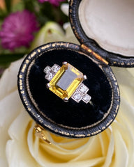 Art Deco Yellow Sapphire and Diamond Platinum Ring 0.20ct + 2.40ct