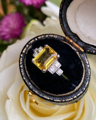 Art Deco Yellow Sapphire and Diamond Platinum Ring 0.20ct + 2.40ct