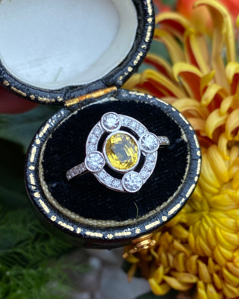 Art Deco Yellow Sapphire and Diamond Platinum Ring 0.35ct + 1.10ct