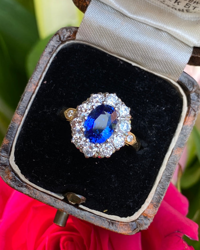 Victorian Sapphire and Diamond Cluster Ring 18ct Yellow Gold 1.0ct + 2.12ct